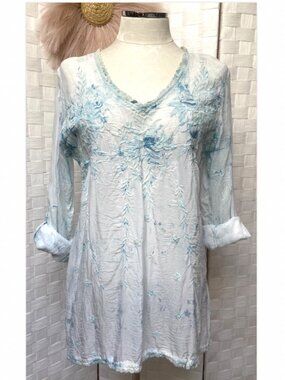 Johnny Was Baby Blue Embroidered Roll Tab Sleeve Blouse Top Size